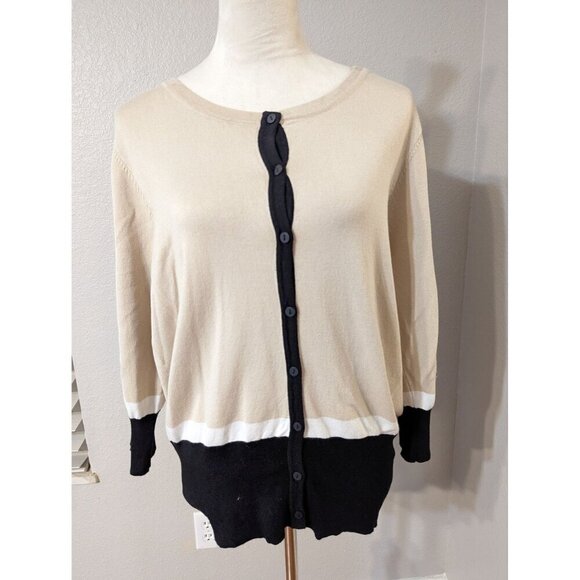 Joseph A. Womens Tan Black Crew Neck Long Sleeve Button Front Cardigan Sz XL NWT - Picture 1 of 8